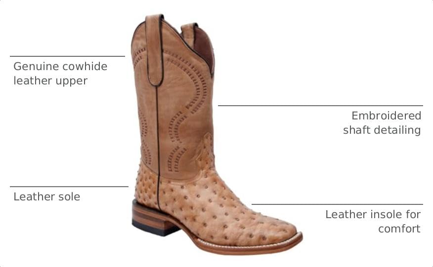 Genuine Leather Ostrich Print Square Toe Western Boots Y7686