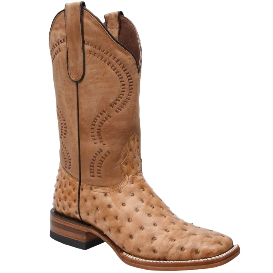 Genuine Leather Ostrich Print Square Toe Western Boots Y7686