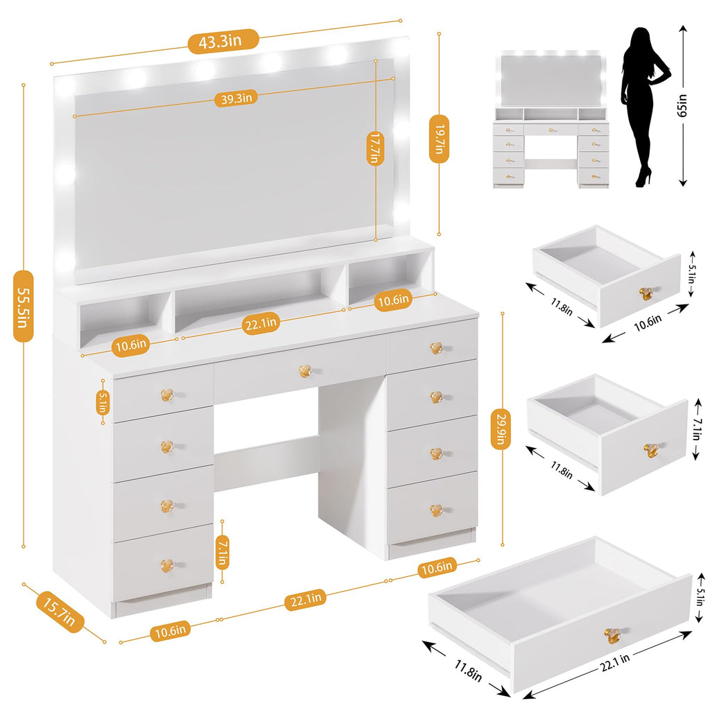 White 9 Drawer Vanity with Lighted Mirror Y27642