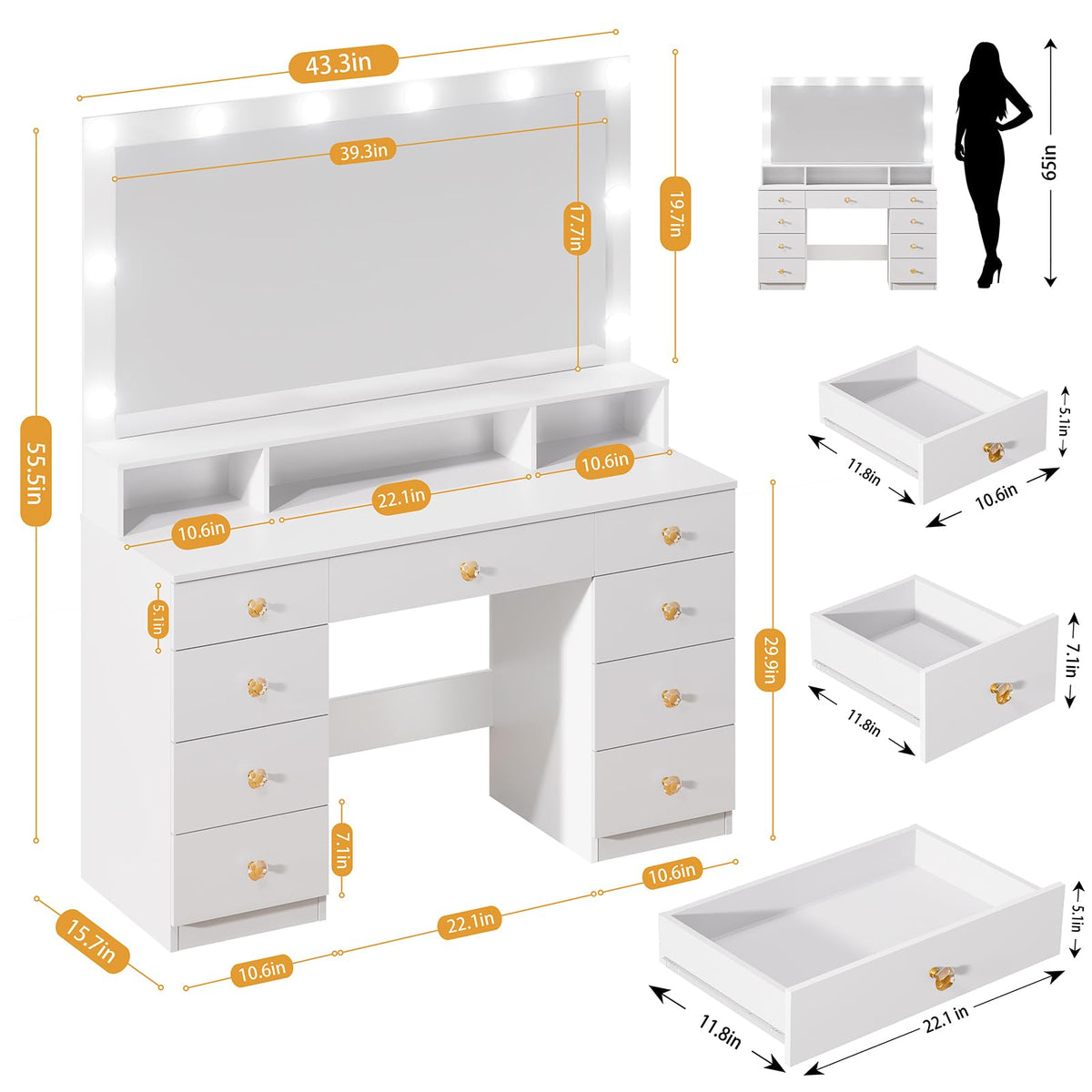 White 9 Drawer Vanity with Lighted Mirror Y27642