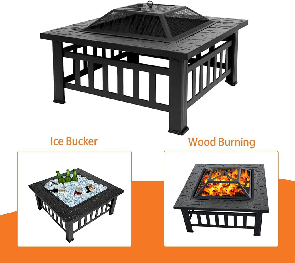 32 Inch Square Metal Wood Burning Fire Pit E202873