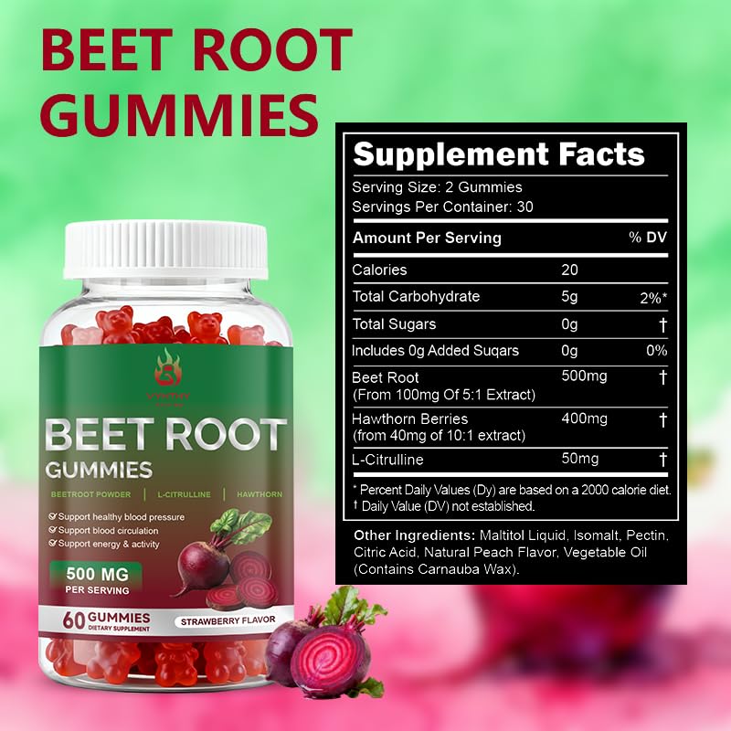 Beet Root Gummies 60 Chews Vegan Non-GMO Gluten Free Supplement N6301