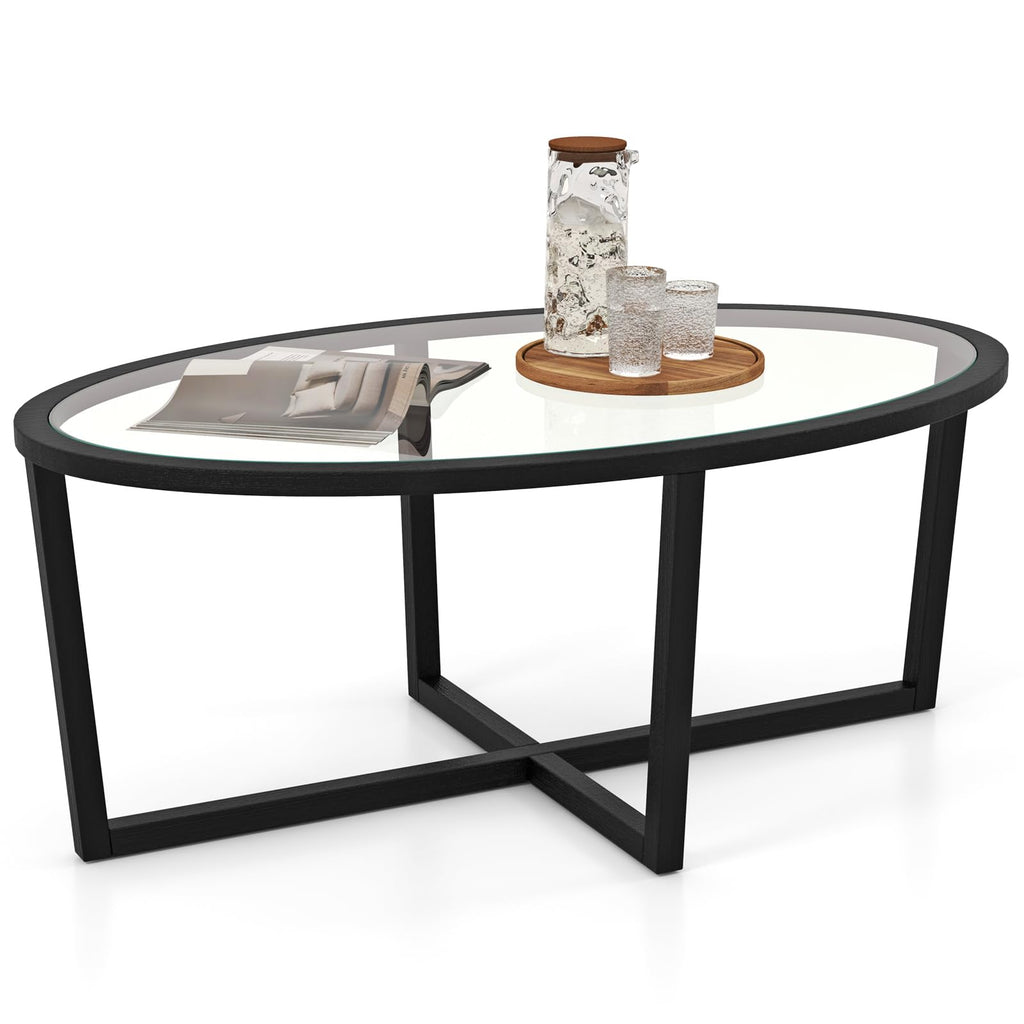 Black Oval Glass Coffee Table with Acacia Wood Legs B59544