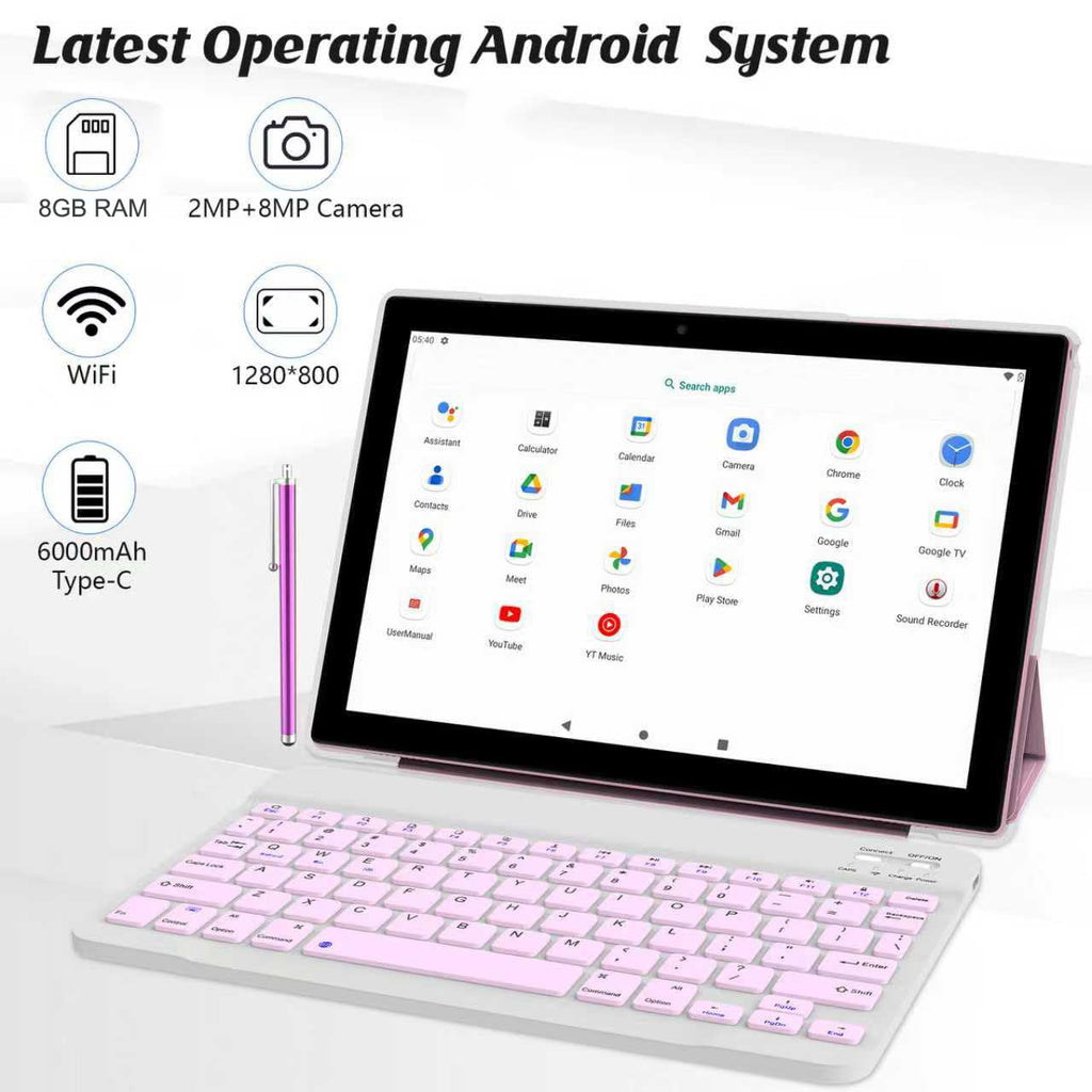 10 Inch Android Tablet with Keyboard Mouse Case Stylus Pink H602