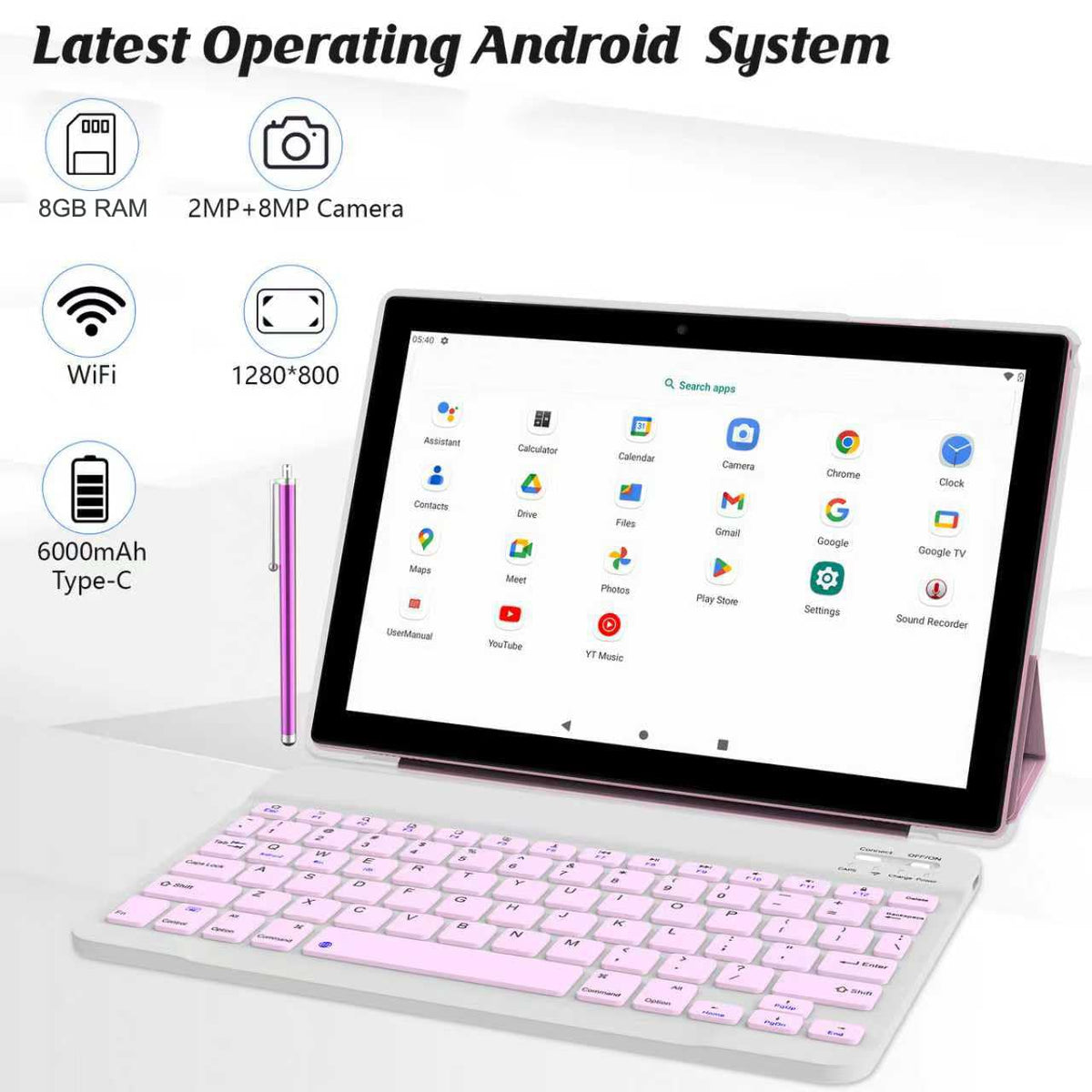 10 Inch Android Tablet with Keyboard Mouse Case Stylus Pink H602