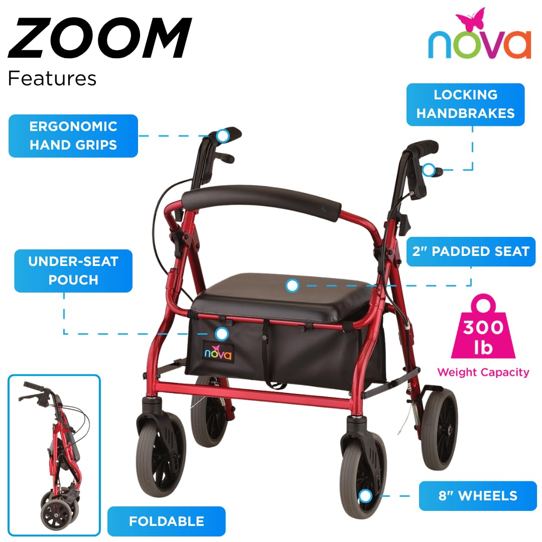 Red Rollator Walker with Padded Seat and 8" Wheels F376