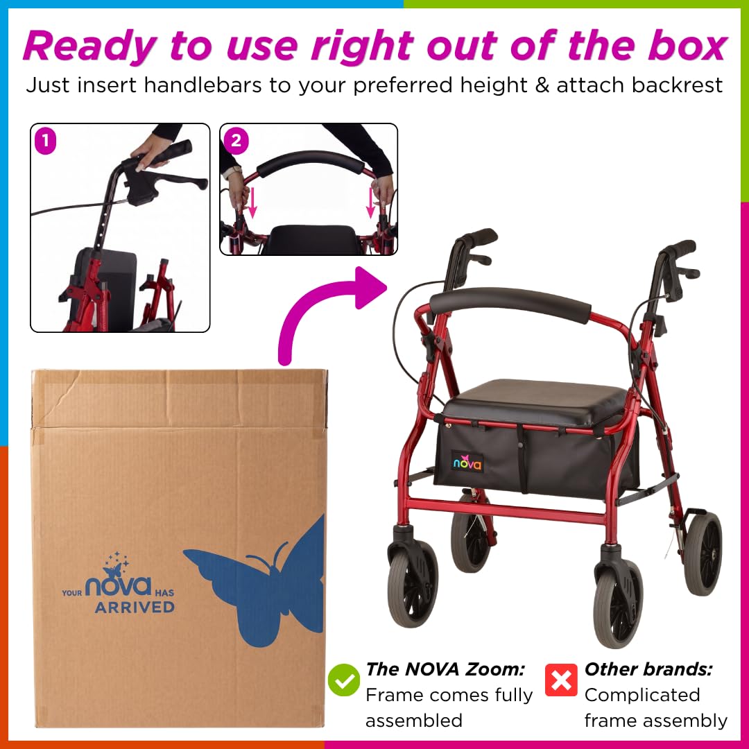 Red Rollator Walker with Padded Seat and 8" Wheels F376