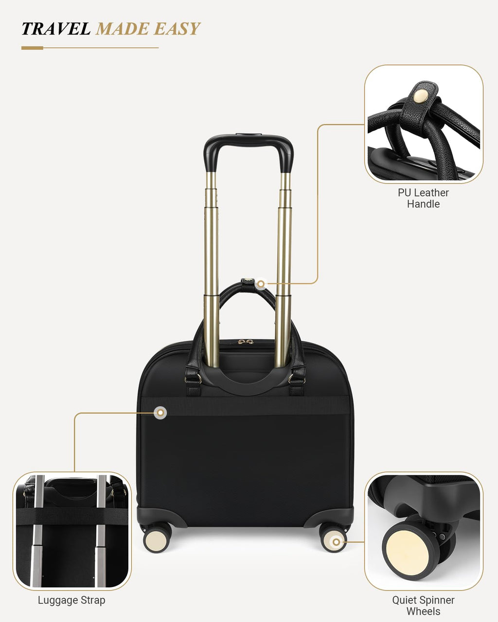 Rolling Laptop Bag for Women, 45L Wheeled Briefcase with USB Type-C Ports, Black Gold N294165