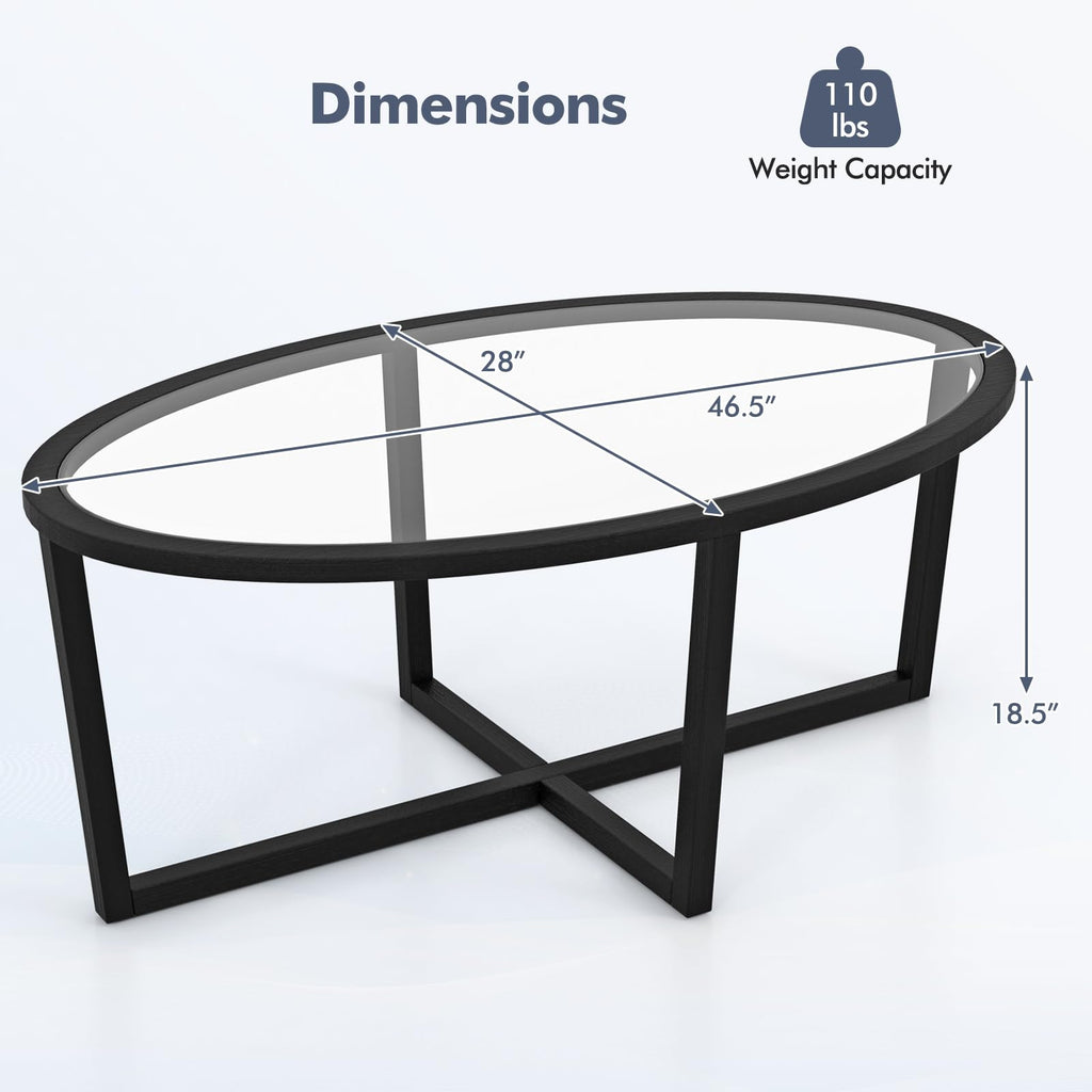 Black Oval Glass Coffee Table with Acacia Wood Legs B59544