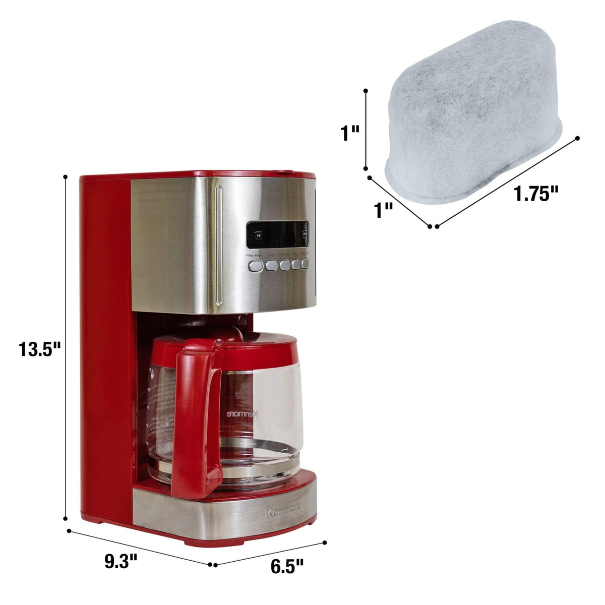 12 Cup Programmable Drip Coffee Maker, Red and Stainless Steel, 12 Pack Charcoal Water Filter A45174