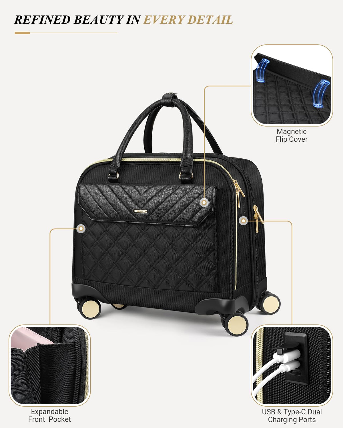 Rolling Laptop Bag for Women, 45L Wheeled Briefcase with USB Type-C Ports, Black Gold N294165