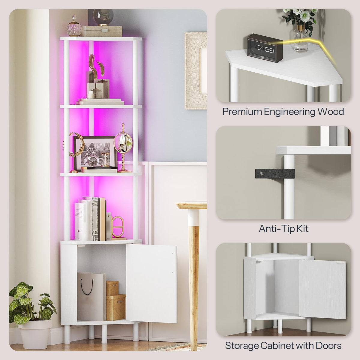 White 5-Tier Corner Cabinet with Doors D8989