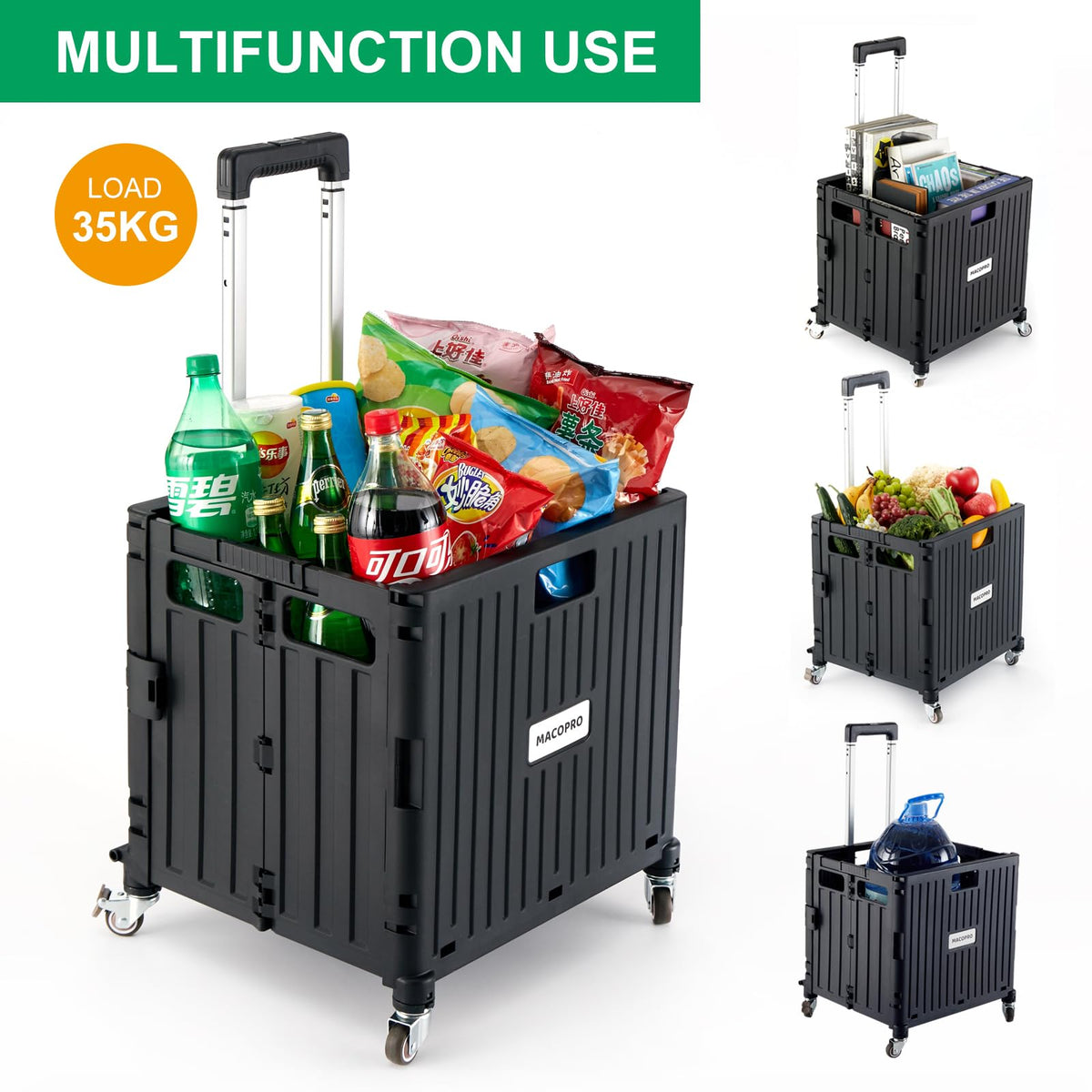 Folding Utility Cart Rolling Crate Handcart with Lid Black D5416