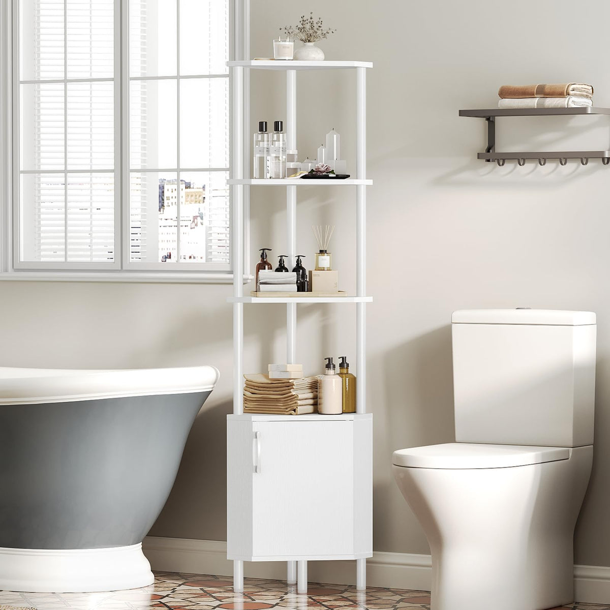 White 5-Tier Corner Cabinet with Doors D8989