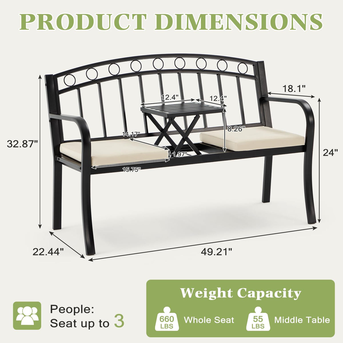 Black 2-Seat Metal Garden Bench with Cushion F82919