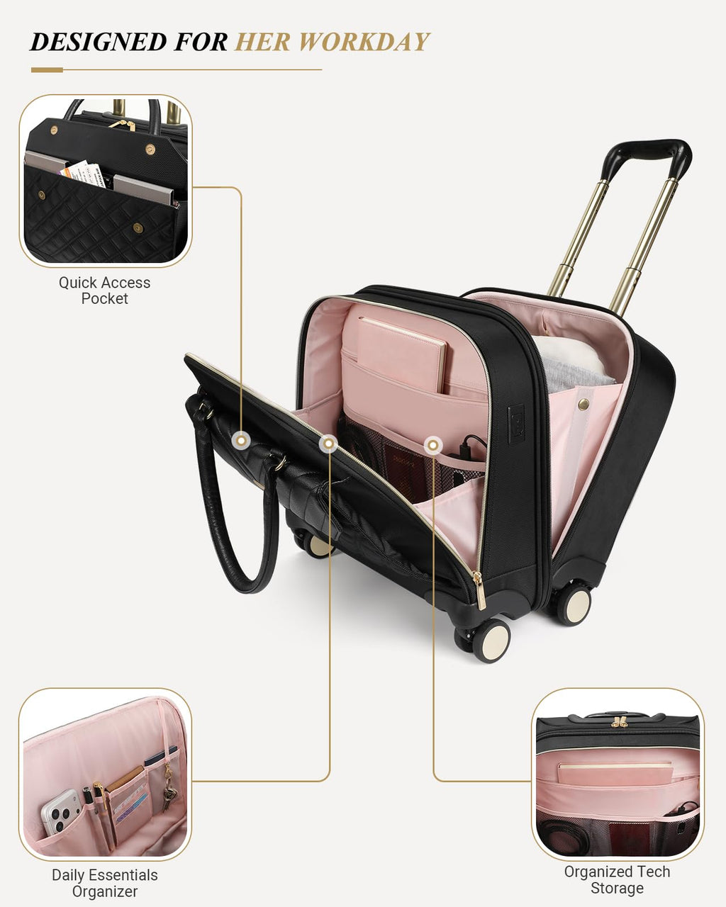 Rolling Laptop Bag for Women, 45L Wheeled Briefcase with USB Type-C Ports, Black Gold N294165