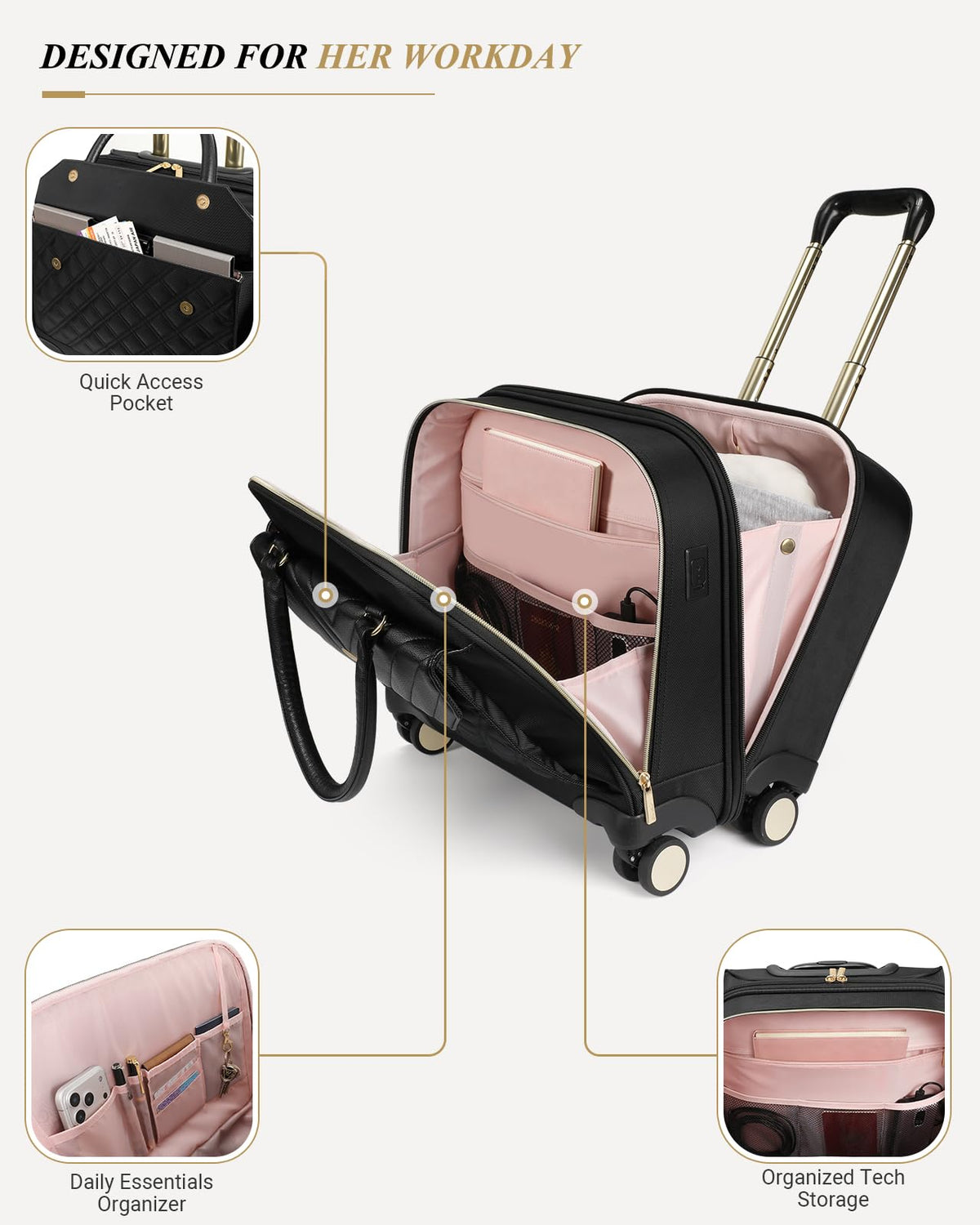 Rolling Laptop Bag for Women, 45L Wheeled Briefcase with USB Type-C Ports, Black Gold N294165