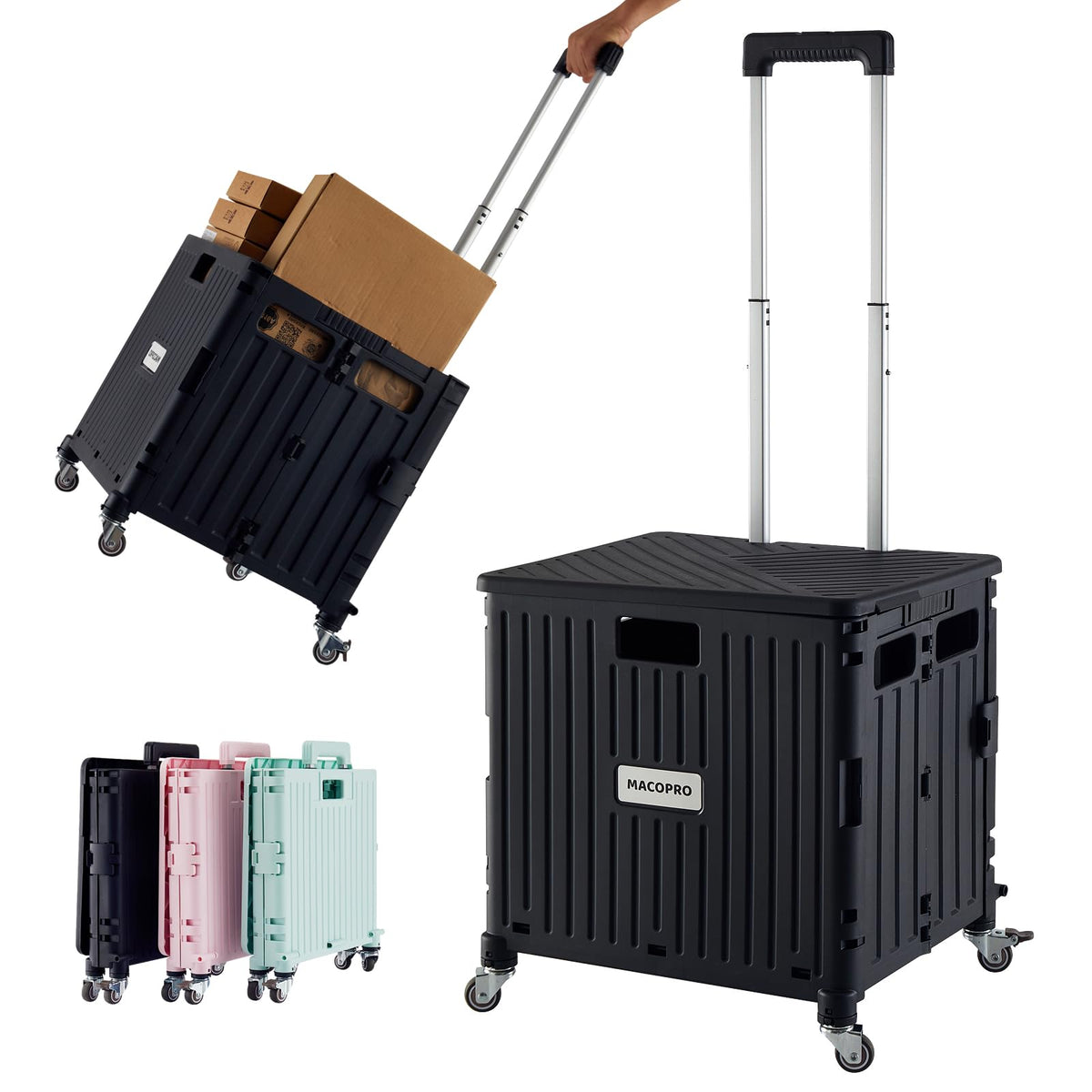 Folding Utility Cart Rolling Crate Handcart with Lid Black D5416