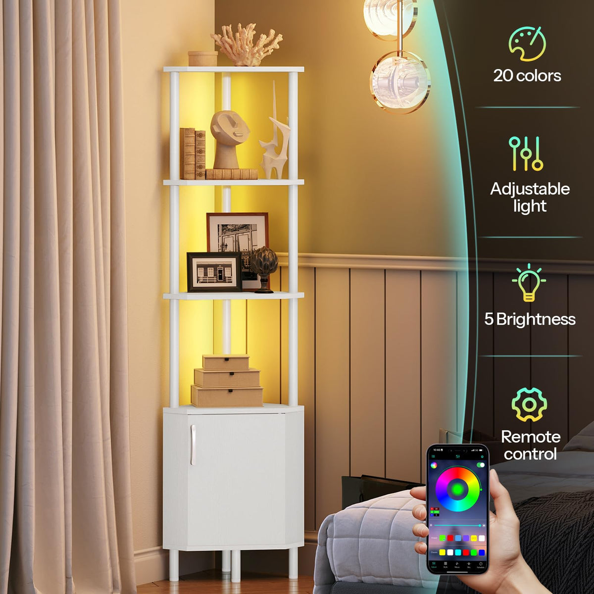 White 5-Tier Corner Cabinet with Doors D8989