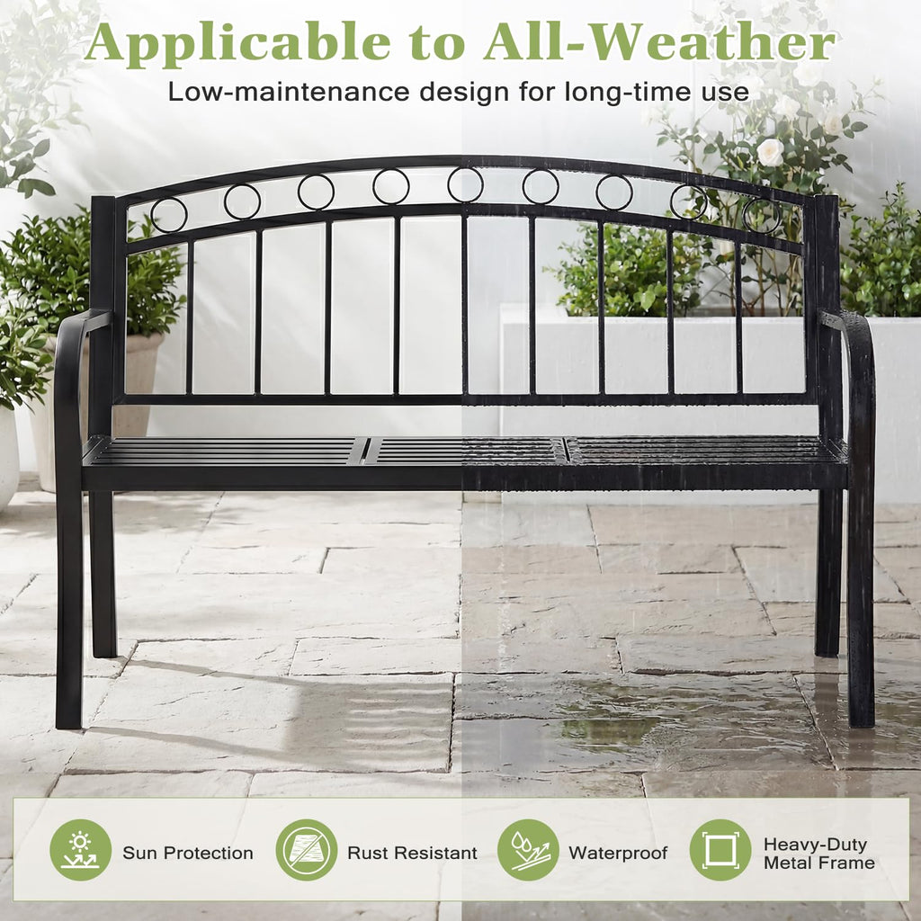 Black 2-Seat Metal Garden Bench with Cushion F82919
