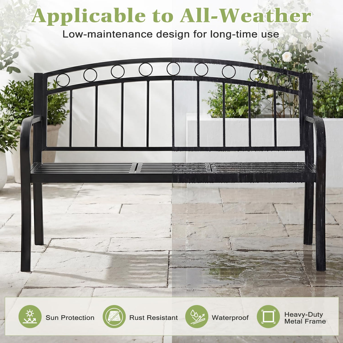 Black 2-Seat Metal Garden Bench with Cushion F82919