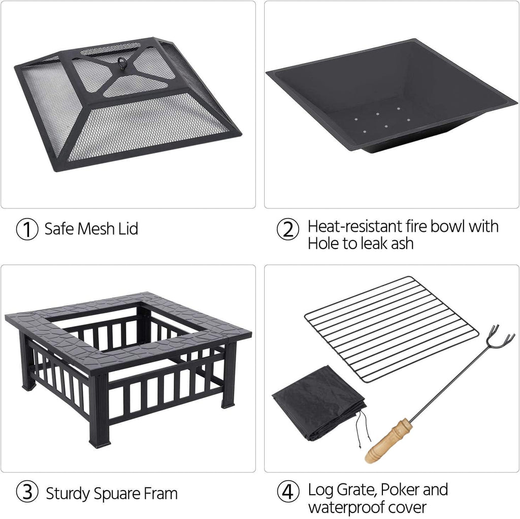 32 Inch Square Metal Wood Burning Fire Pit E202873