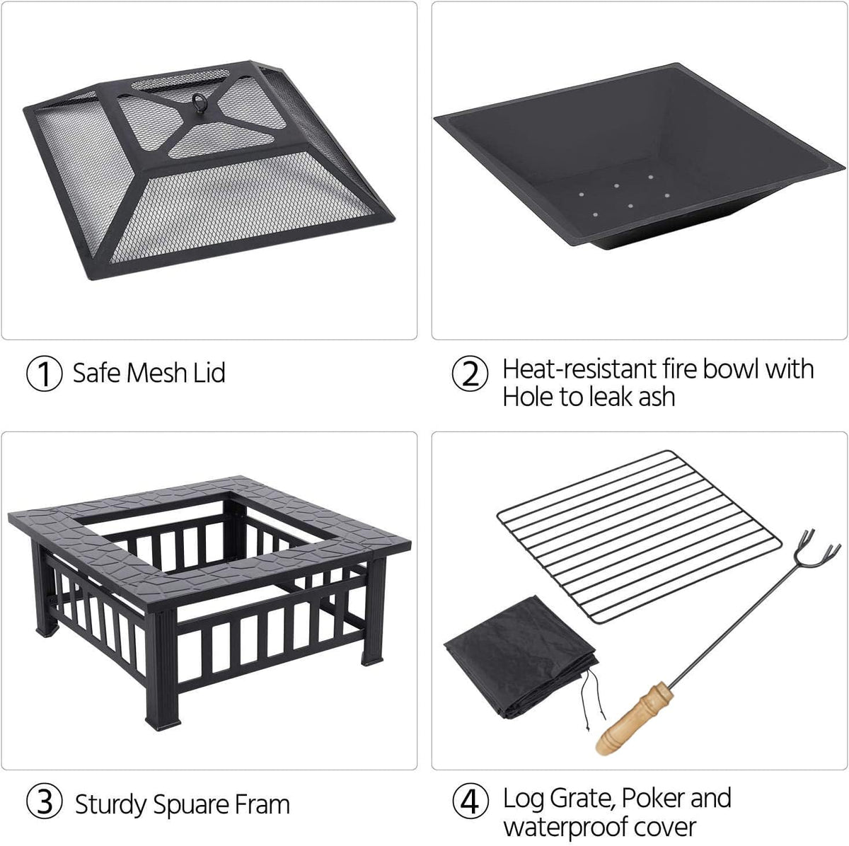 32 Inch Square Metal Wood Burning Fire Pit E202873