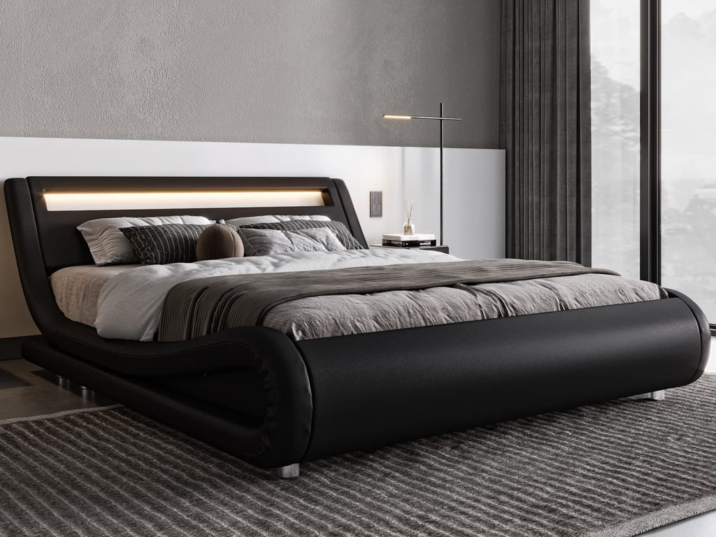 Queen Size LED Platform Bed Frame with Adjustable Headboard, Black D854973