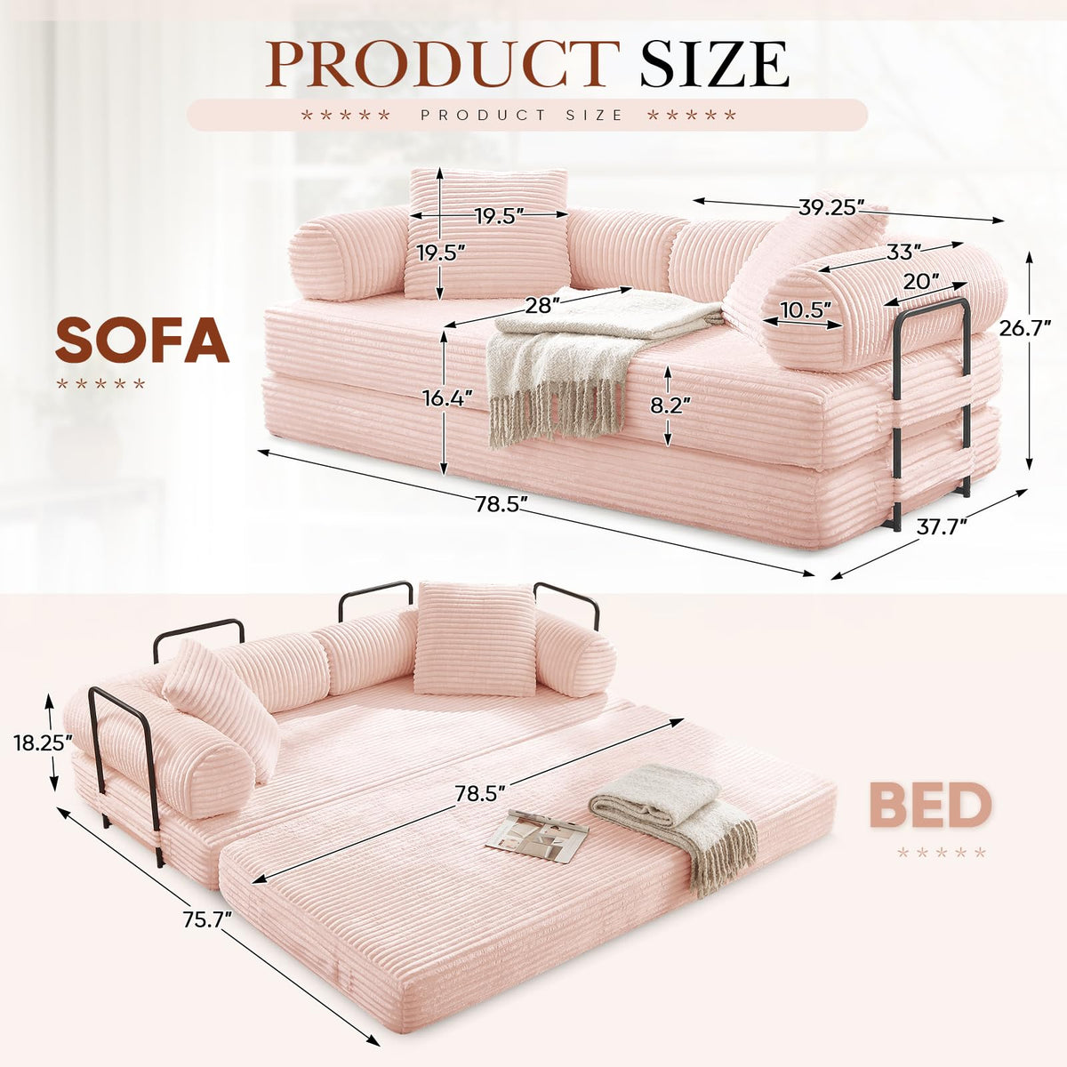 Pink Corduroy Convertible Sleeper Sofa Bed Y32954
