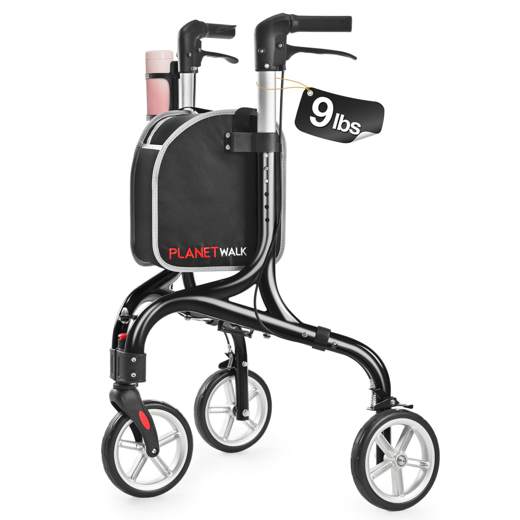 Super Lightweight 3 Wheel Foldable Aluminum Walker with Cup Holder, Black U250257