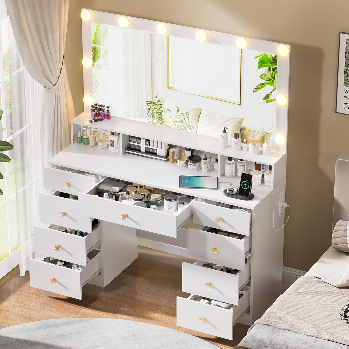 White 9 Drawer Vanity with Lighted Mirror Y27642