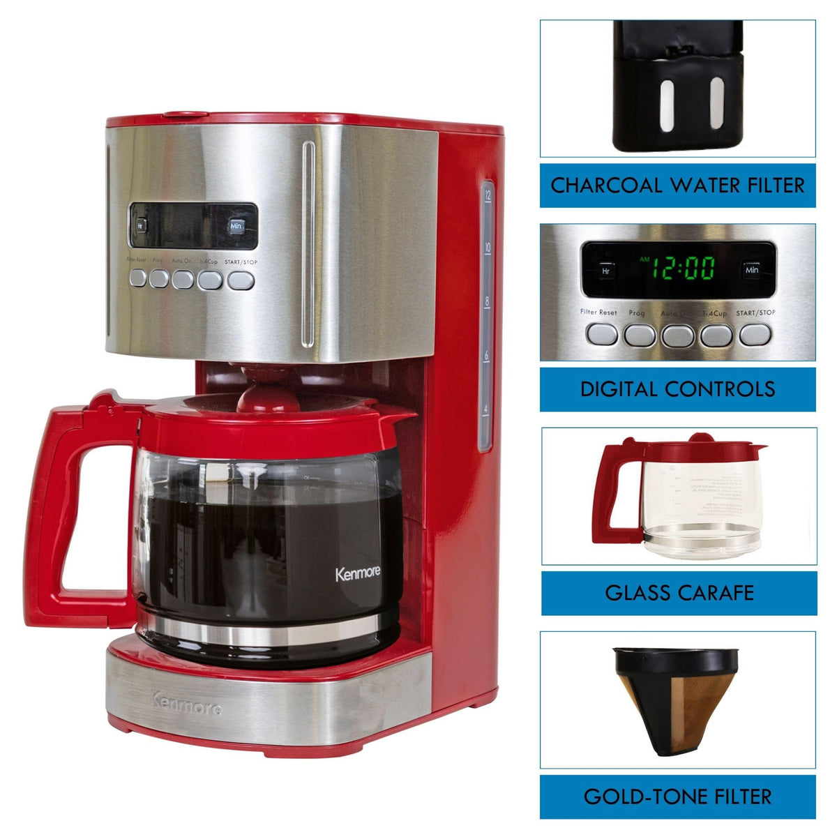 12 Cup Programmable Drip Coffee Maker, Red and Stainless Steel, 12 Pack Charcoal Water Filter A45174