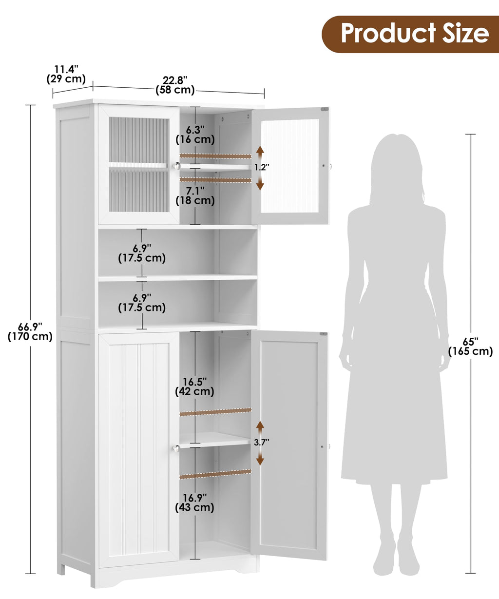 66.9" H Tall White Bathroom Storage Cabinet D7214
