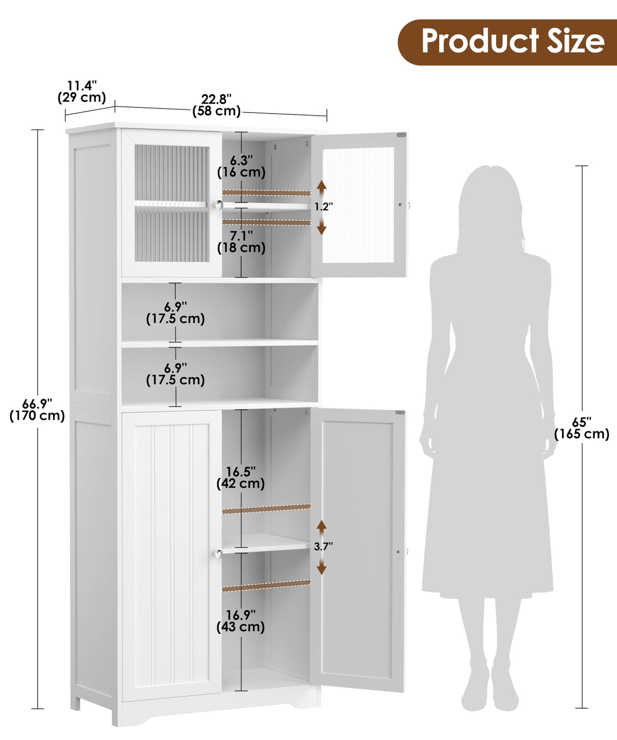 66.9" H Tall White Bathroom Storage Cabinet D7214