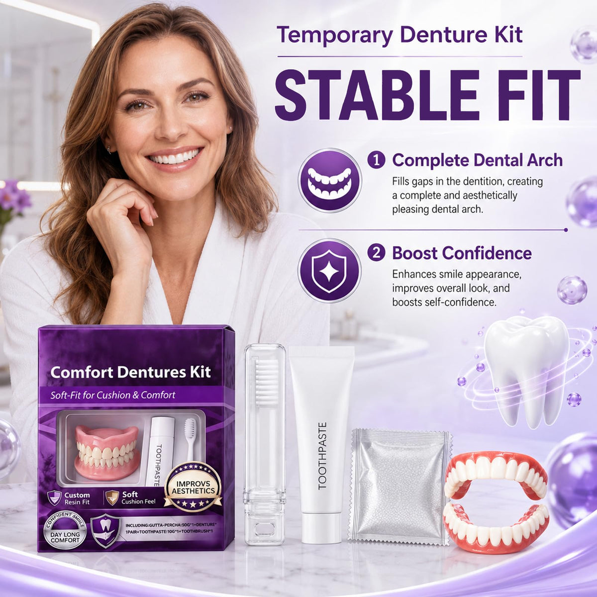 Heat Moldable Custom Fit Upper & Lower False Teeth F62441
