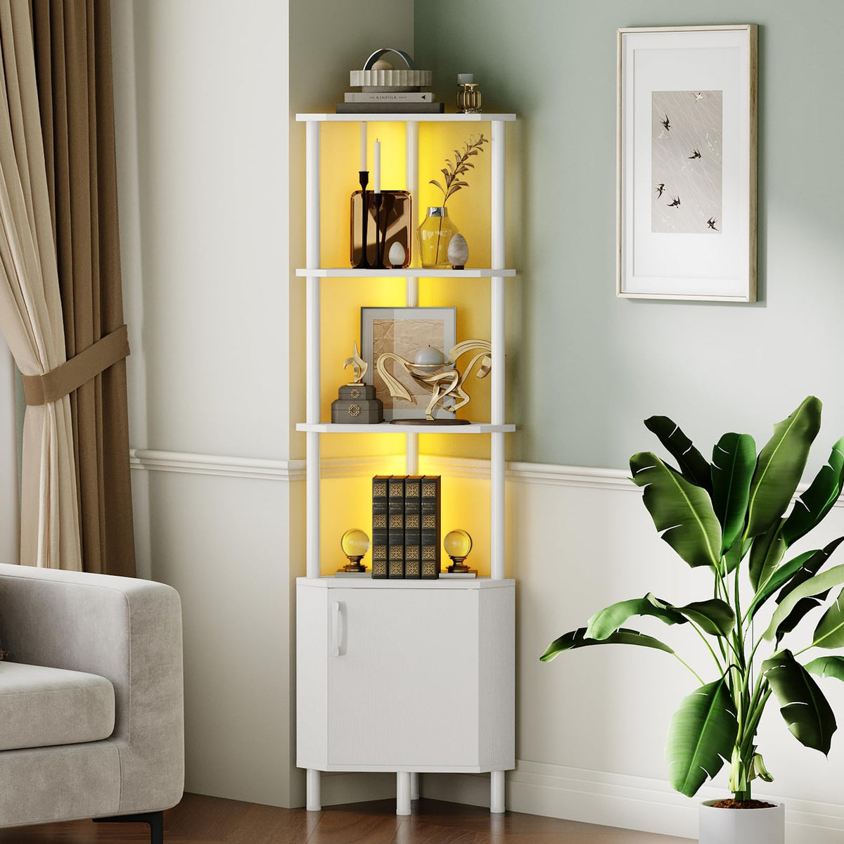 White 5-Tier Corner Cabinet with Doors D8989