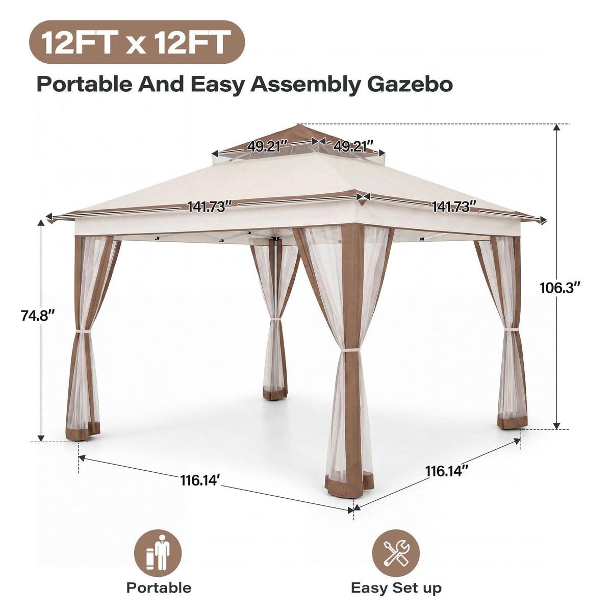 12x12 Pop Up Gazebo Canopy Tent with Mosquito Netting, Khaki G87825