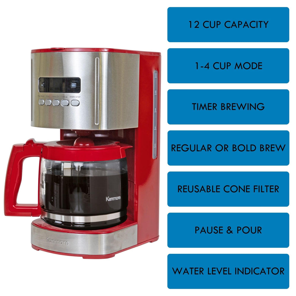 12 Cup Programmable Drip Coffee Maker, Red and Stainless Steel, 12 Pack Charcoal Water Filter A45174