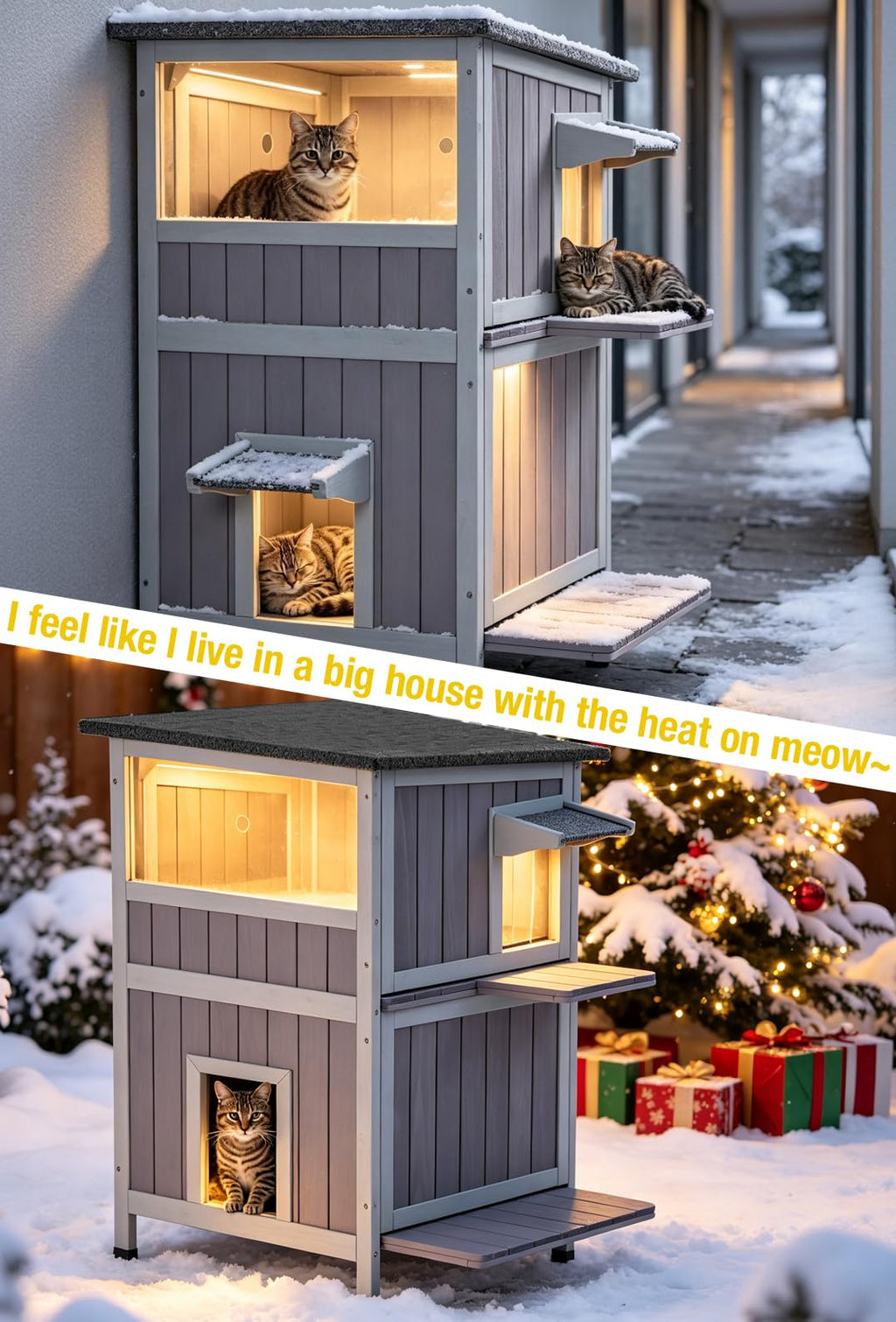 Heated 2-Story Solid Wood Cat House Y26396