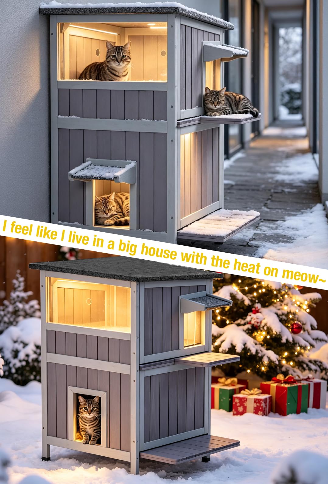 Heated 2-Story Solid Wood Cat House Y26396