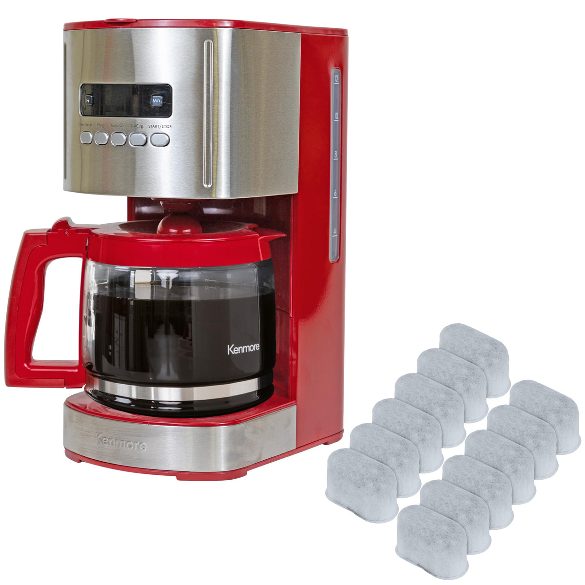 12 Cup Programmable Drip Coffee Maker, Red and Stainless Steel, 12 Pack Charcoal Water Filter A45174