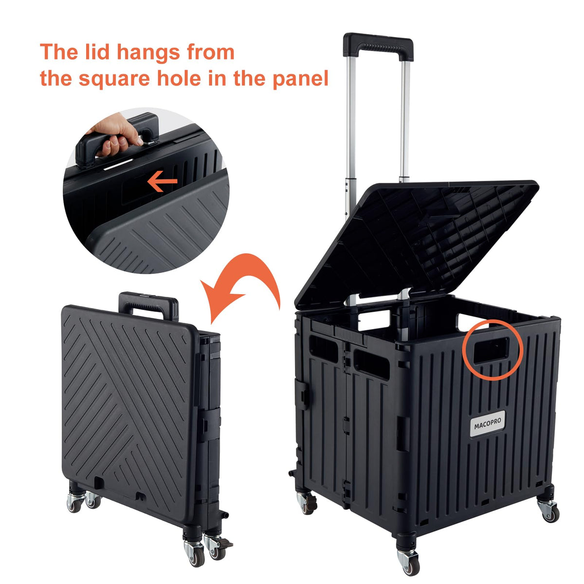 Folding Utility Cart Rolling Crate Handcart with Lid Black D5416