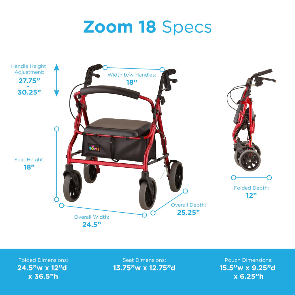 Red Rollator Walker with Padded Seat and 8" Wheels F376