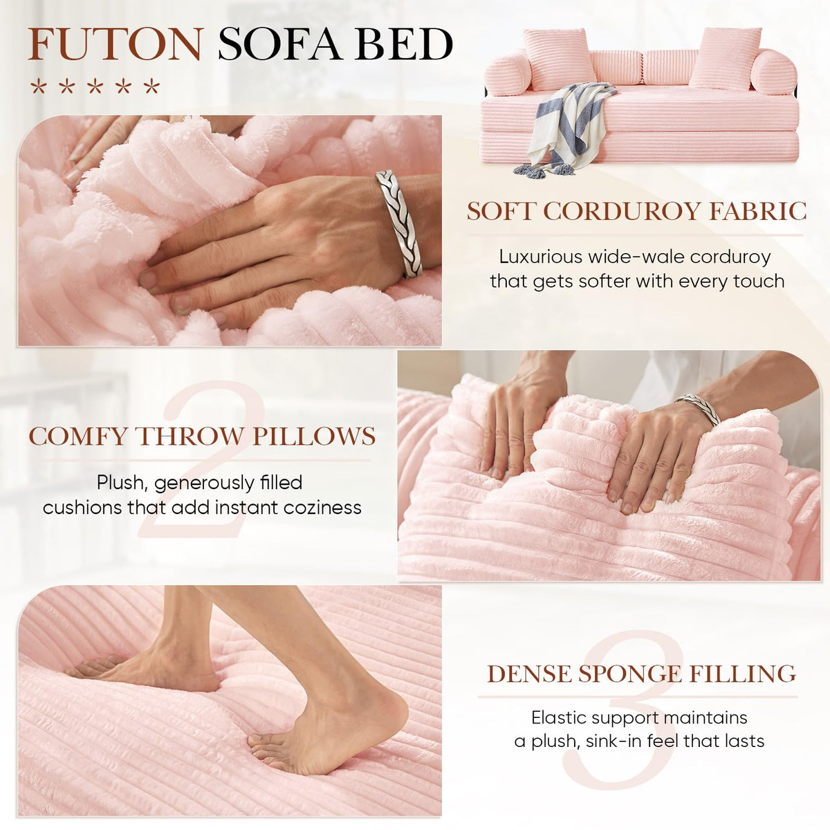 Pink Corduroy Convertible Sleeper Sofa Bed Y32954