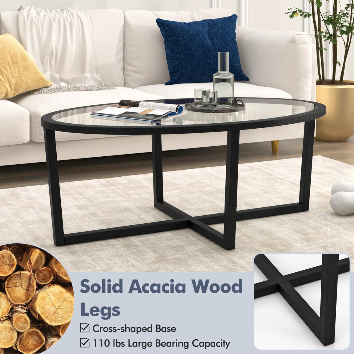 Black Oval Glass Coffee Table with Acacia Wood Legs B59544