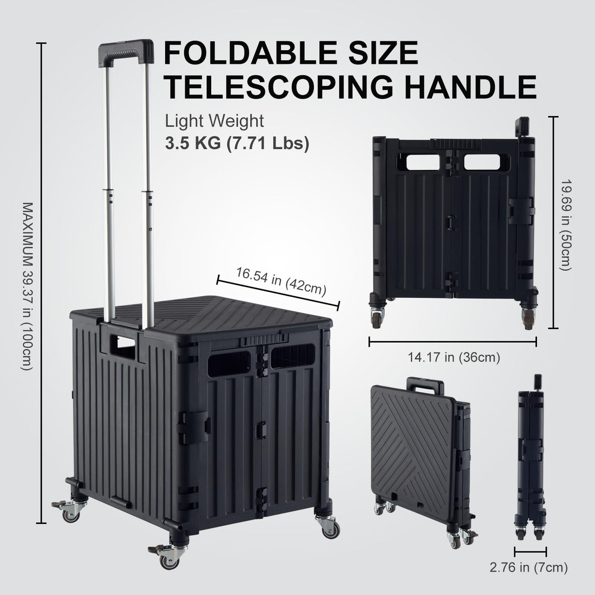 Folding Utility Cart Rolling Crate Handcart with Lid Black D5416