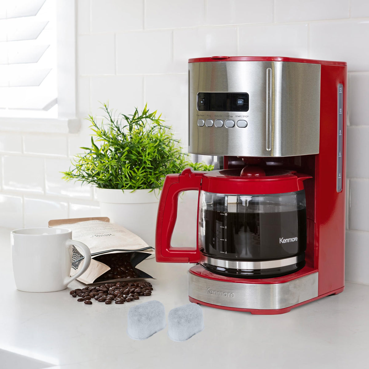 12 Cup Programmable Drip Coffee Maker, Red and Stainless Steel, 12 Pack Charcoal Water Filter A45174