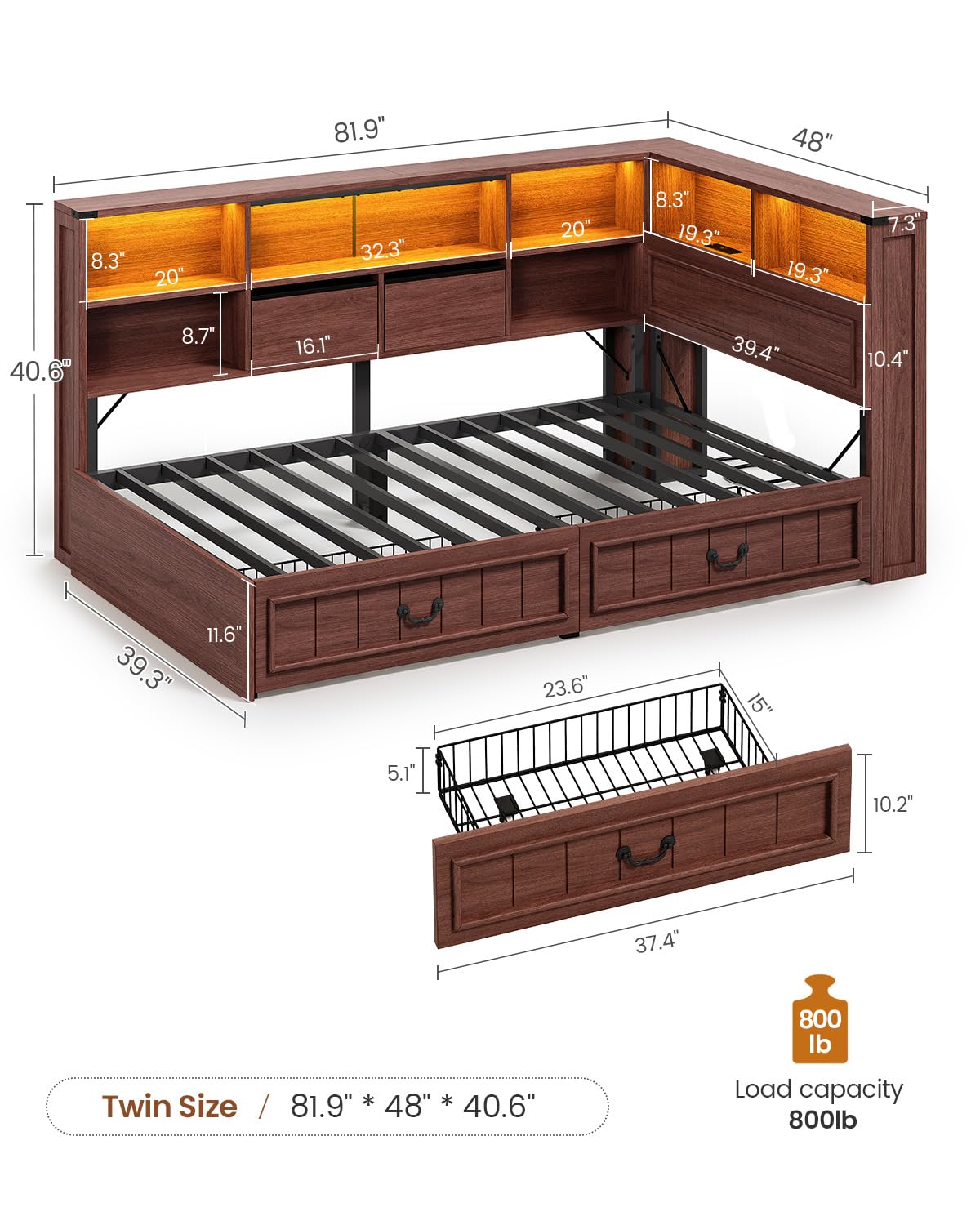 Twin Corner Bed Frame with Storage Drawers and Bookcase H122620
