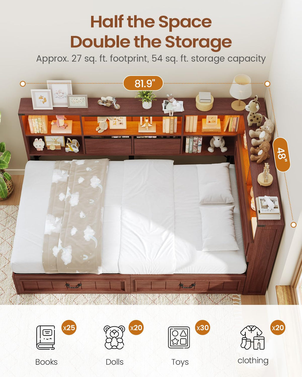 Twin Corner Bed Frame with Storage Drawers and Bookcase H122620