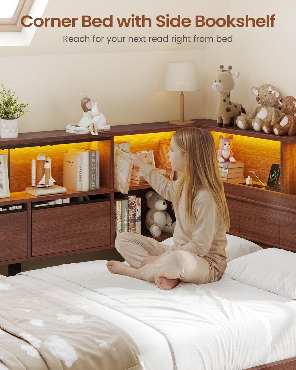 Twin Corner Bed Frame with Storage Drawers and Bookcase H122620